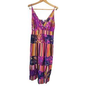 Cato Patchwork Tiered Maxi Dress Babydoll Size L Cotton Bohemian Spaghetti Strap
